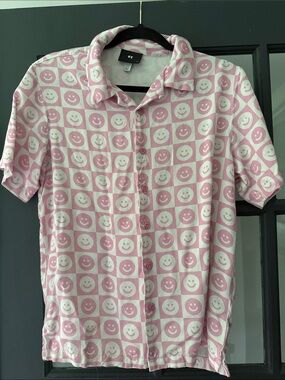 Lazy Oaf Pink and White Smiley-Check Short-Sleeve Button-Up Shirt